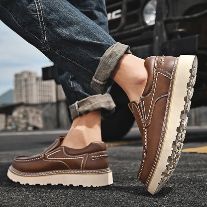 Men's Contrast-Stitch Chunky-Sole Loafers in Brown – product view | Hensley London