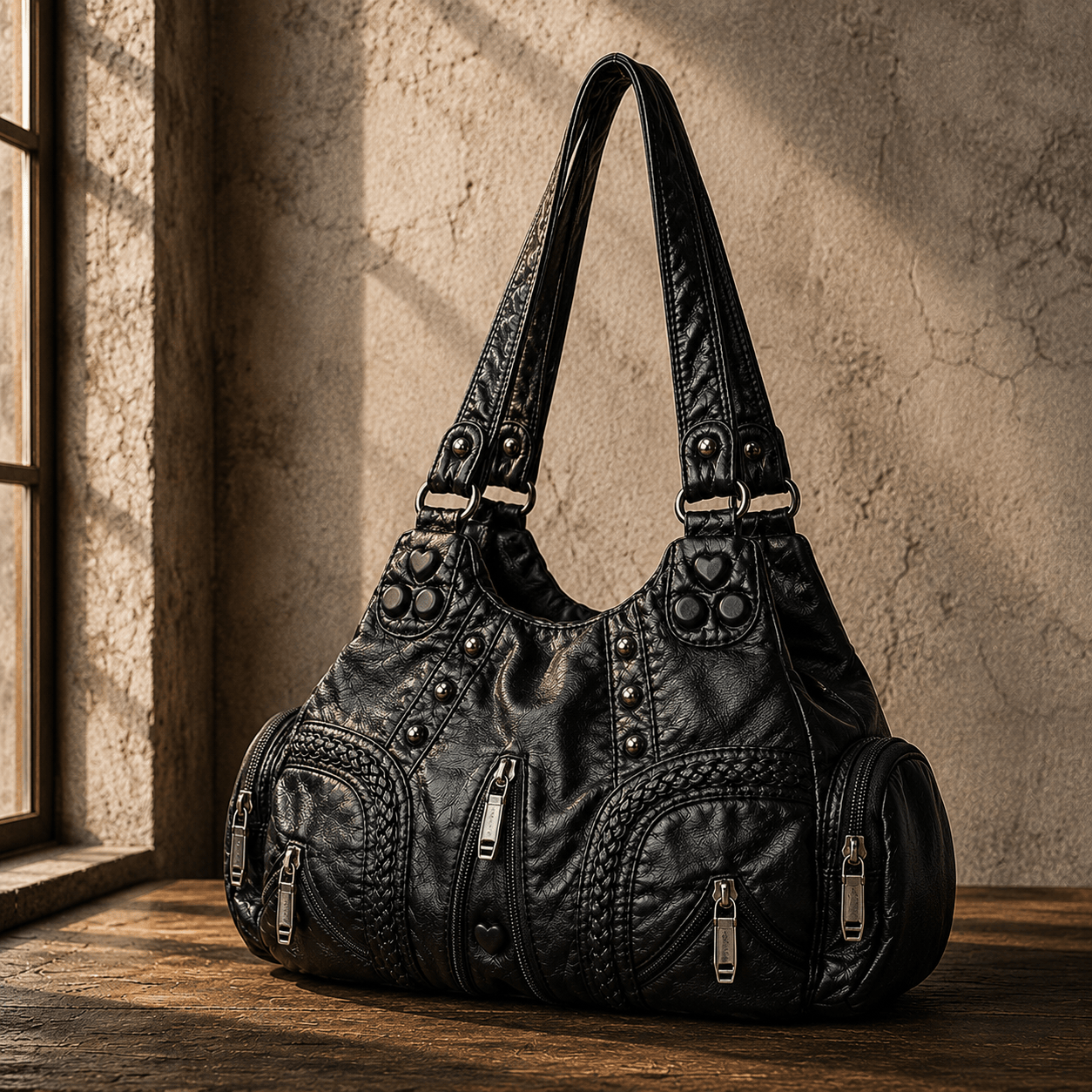 Women's Vegan Leather Studded Hobo Bag – side view | Hensley London