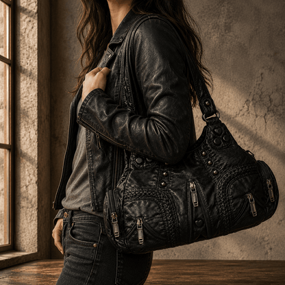 Women's Vegan Leather Studded Hobo Bag – back view | Hensley London