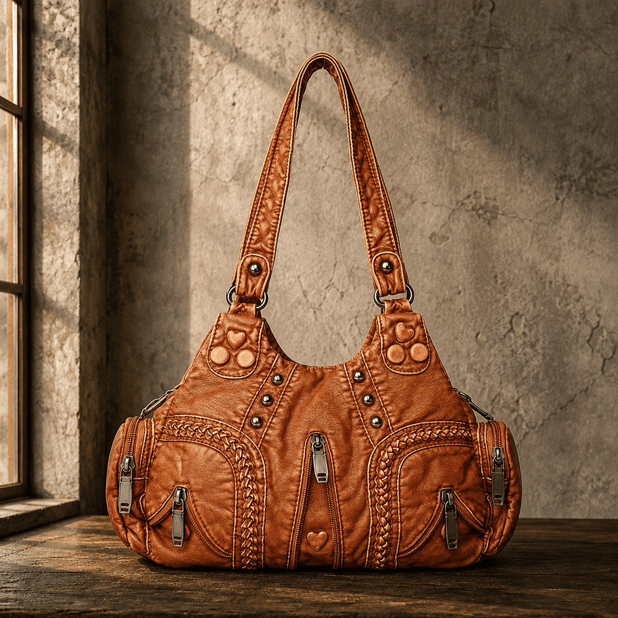 Women's Vegan Leather Studded Hobo Bag – styled view | Hensley London