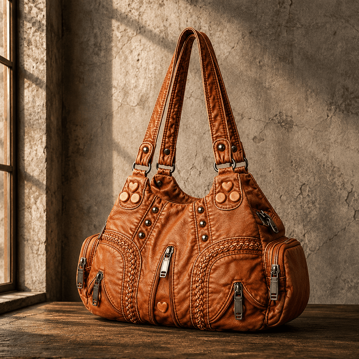 Women's Vegan Leather Studded Hobo Bag – angle view | Hensley London