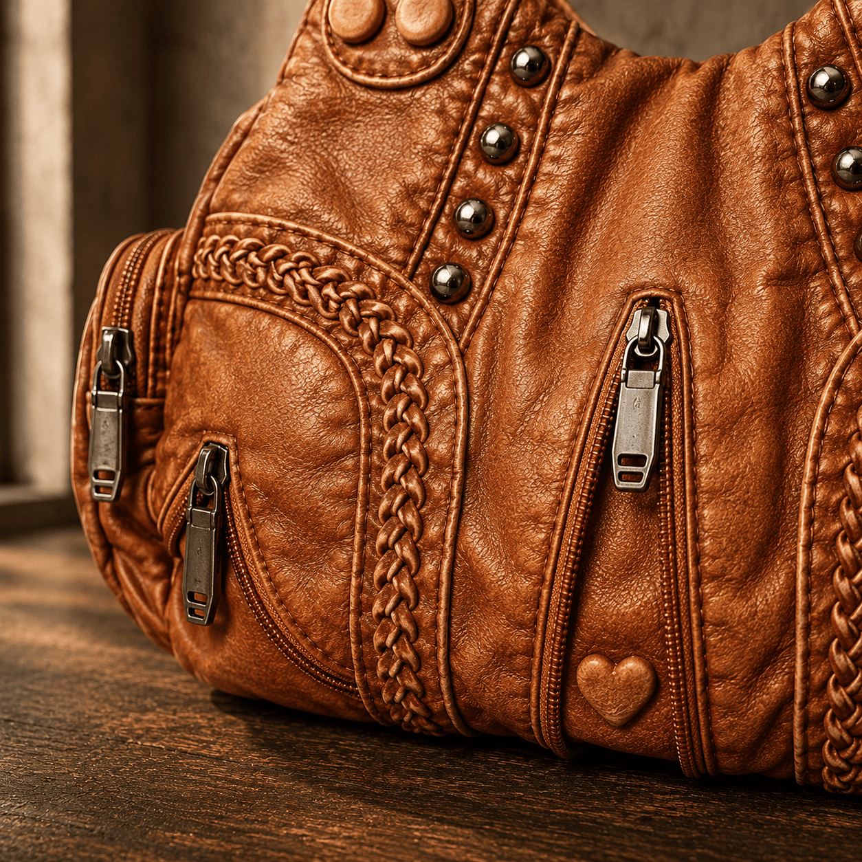 Women's Vegan Leather Studded Hobo Bag – front view | Hensley London