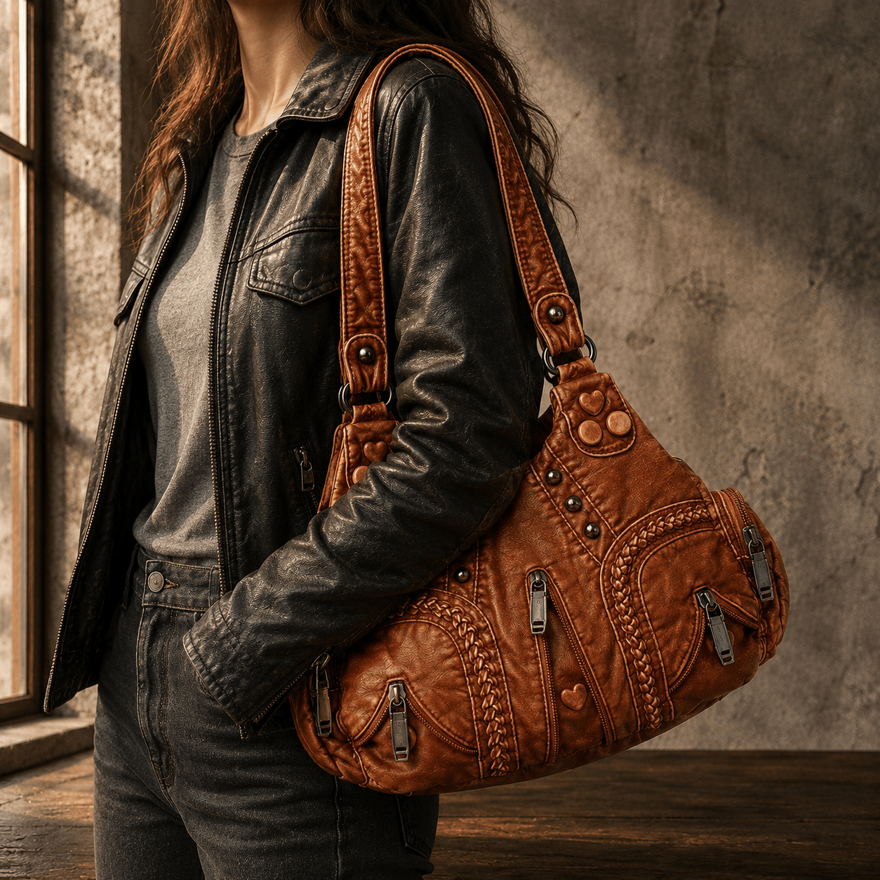 Women's Vegan Leather Studded Hobo Bag – side view | Hensley London
