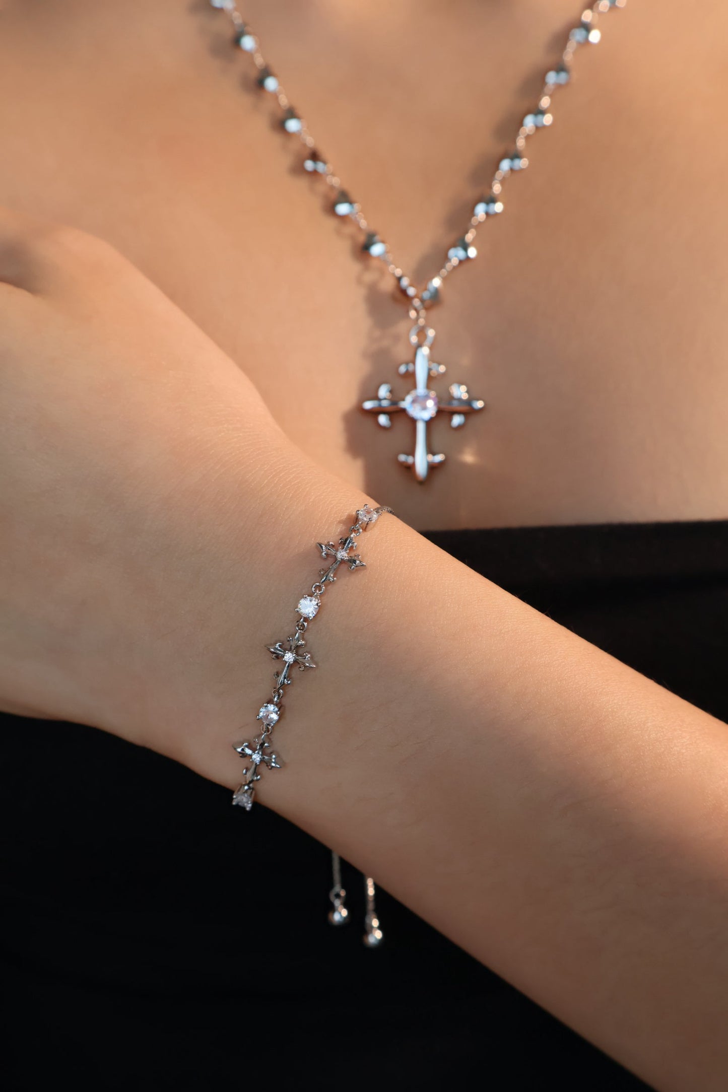 Men's and Women's Multi Diamond Cross Bracelet Silver Zirconia - 5