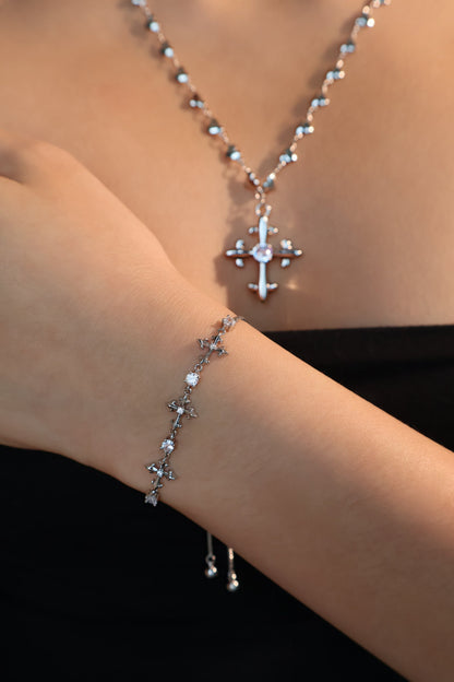 Men's and Women's Multi Diamond Cross Bracelet Silver Zirconia - 5