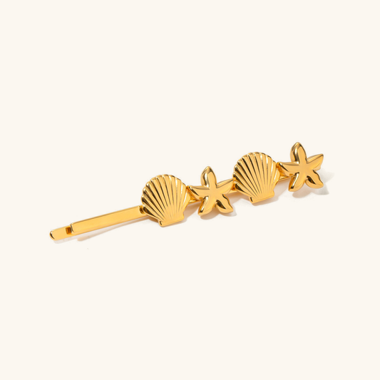 Mykonos Gold French Hair Pin with Starfish and Seashell Design – Hypoallergenic and Waterproof 0