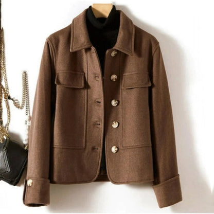 Women's Wool Button-Front Jacket with Patch Pockets in Brown – additional product view | Hensley London