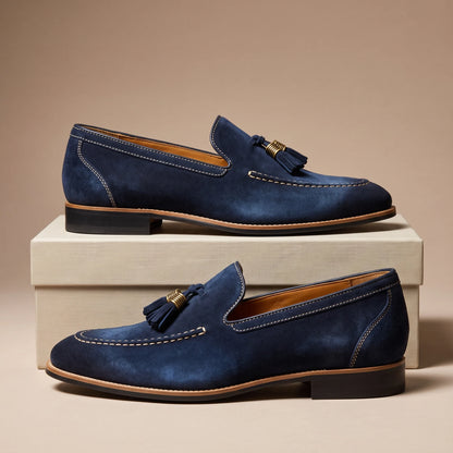 Men's Tassel-Trim Loafers in Blue – product view | Hensley London