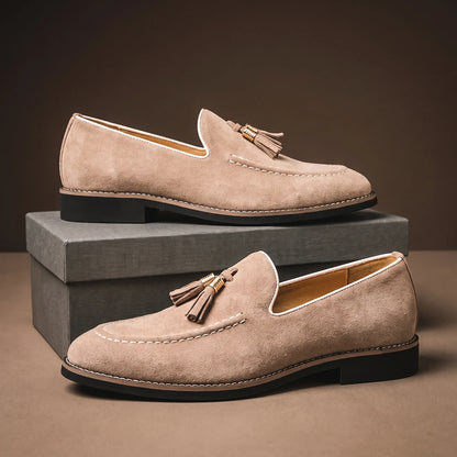 Men's Tassel-Trim Loafers in Beige – product view | Hensley London