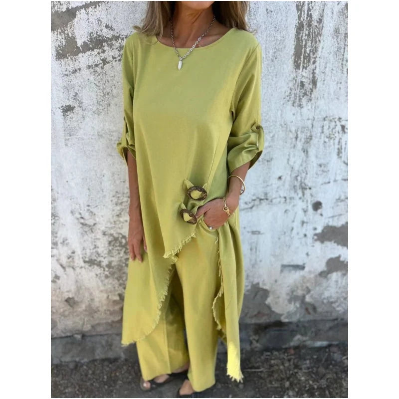 Women's Asymmetric Tunic Dress & Trouser Set in Yellow – Product view | Hensley London