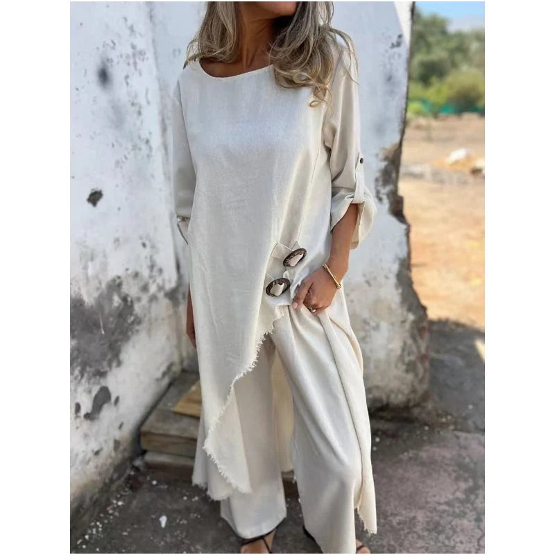 Women's Asymmetric Tunic Dress & Trouser Set in White – Product view | Hensley London