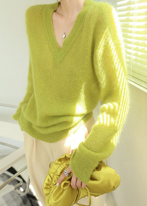 Women's Sweater Fluorescent Green Wool Blend V Neck - 1