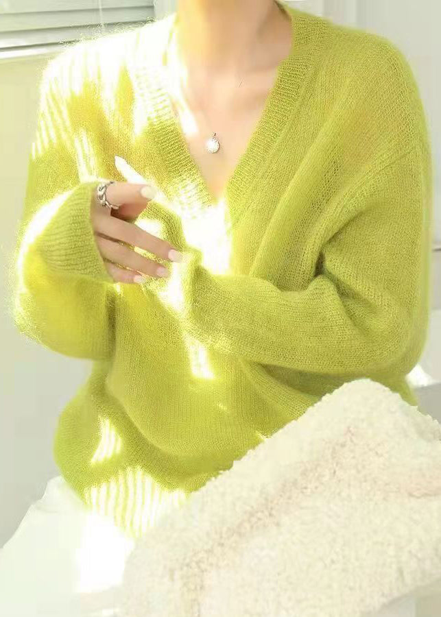 Women's Sweater Fluorescent Green Wool Blend V Neck - 3