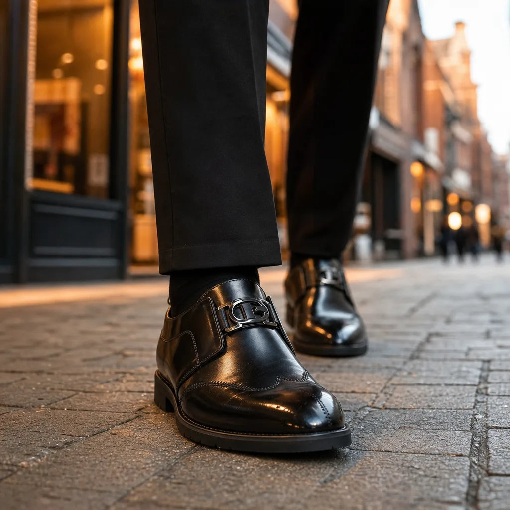 Men's Single Monk Strap Dress Shoes in Black – buckle detail | Hensley London