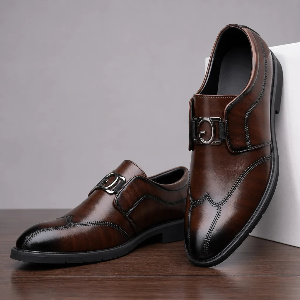 Men's Single Monk Strap Dress Shoes in Brown – buckle detail | Hensley London