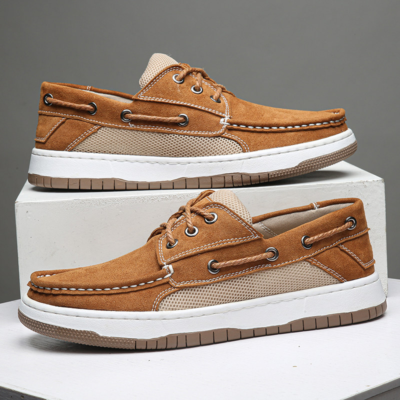 Men's Suede Boat Shoes with Mesh Panels – side view | Hensley London