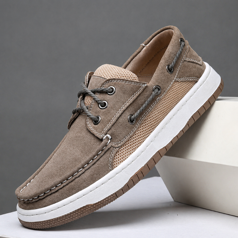 Men's Suede Boat Shoes with Mesh Panels – sole detail | Hensley London
