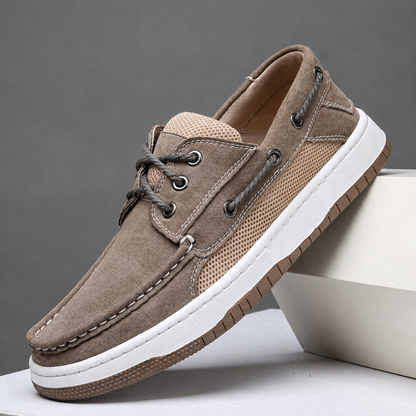 Men's Suede Boat Shoes with Mesh Panels – sole detail | Hensley London