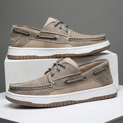 Men's Suede Boat Shoes with Mesh Panels – back view | Hensley London