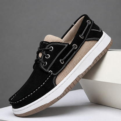 Men's Suede Boat Shoes with Mesh Panels – worn view | Hensley London
