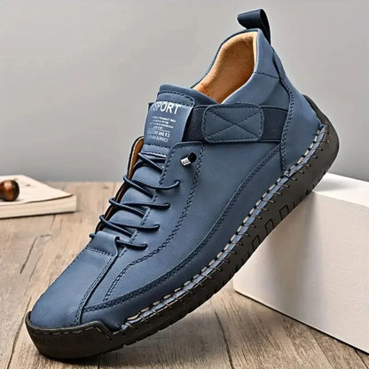 Men's Lace-Up Textured-Sole Sneakers in Blue – product view | Hensley London