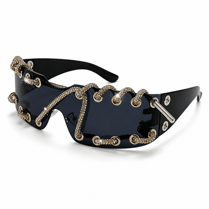 Women's Shield Wrap Sunglasses in Midnight Gold – front view | Hensley London
