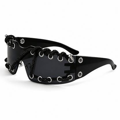 Women's Shield Wrap Sunglasses in Blackout – front view | Hensley London
