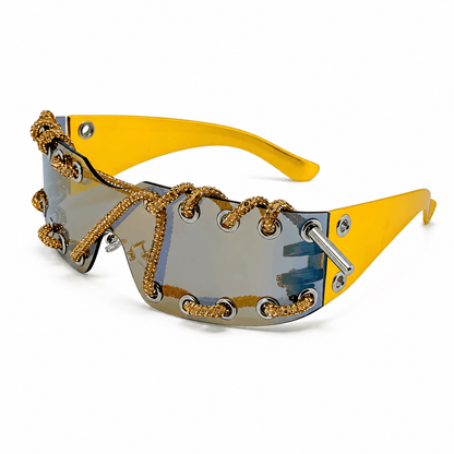 Women's Shield Wrap Sunglasses in Gold Voltage – front view | Hensley London