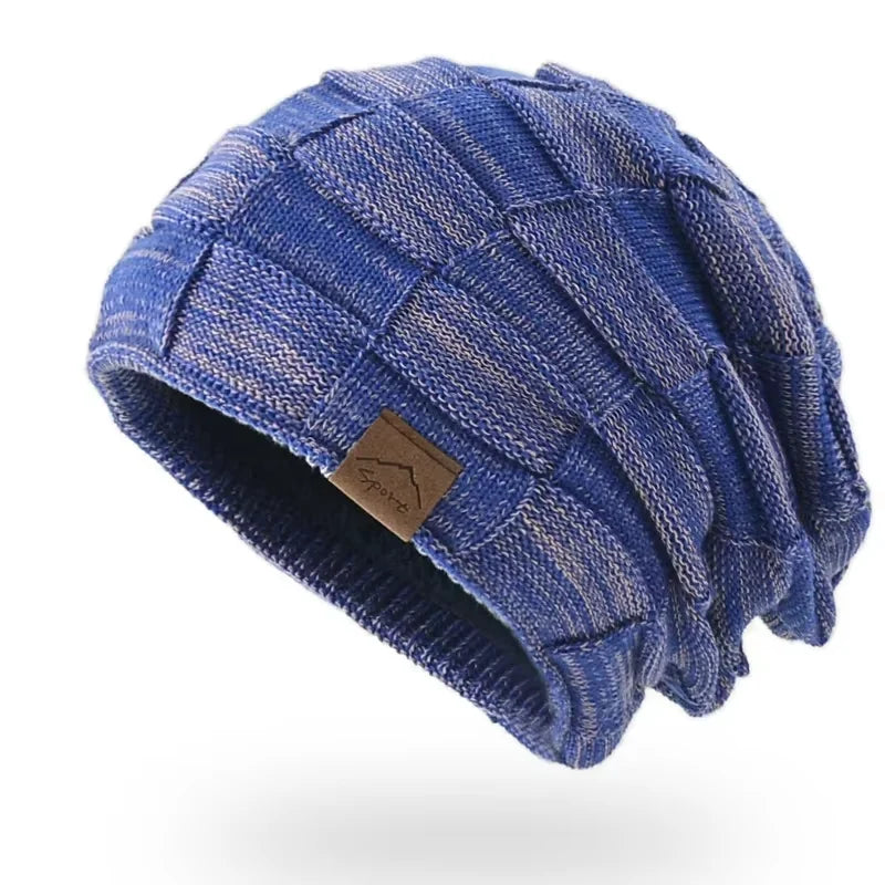 Textured Slouch Knit Beanie in Blue – product view | Hensley London