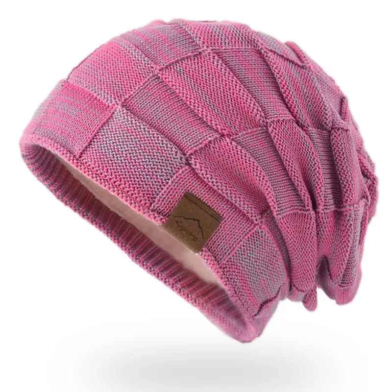Textured Slouch Knit Beanie in Pink – product view | Hensley London