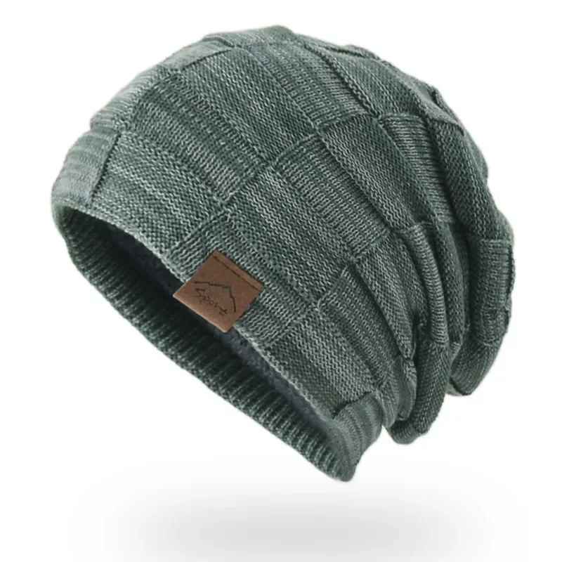 Textured Slouch Knit Beanie in Green – product view | Hensley London