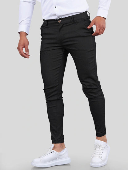 Men's Slim-Fit Stretch Trousers in Black – front view | Hensley London