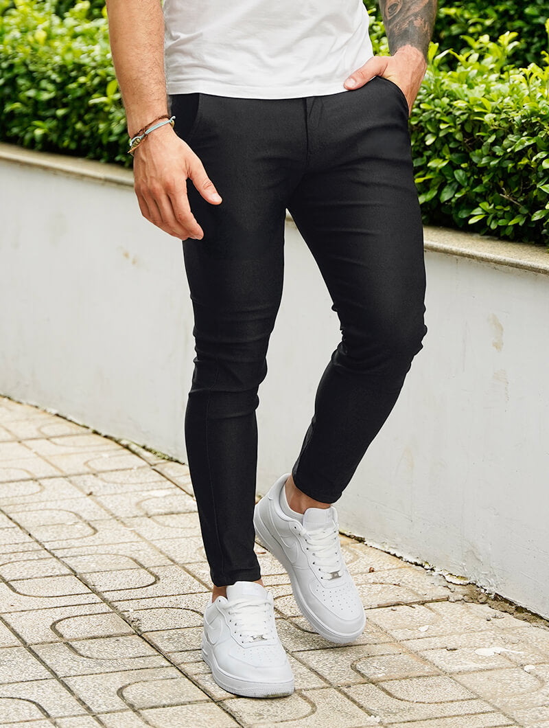 Men's Slim-Fit Stretch Trousers in Black – detail view | Hensley London