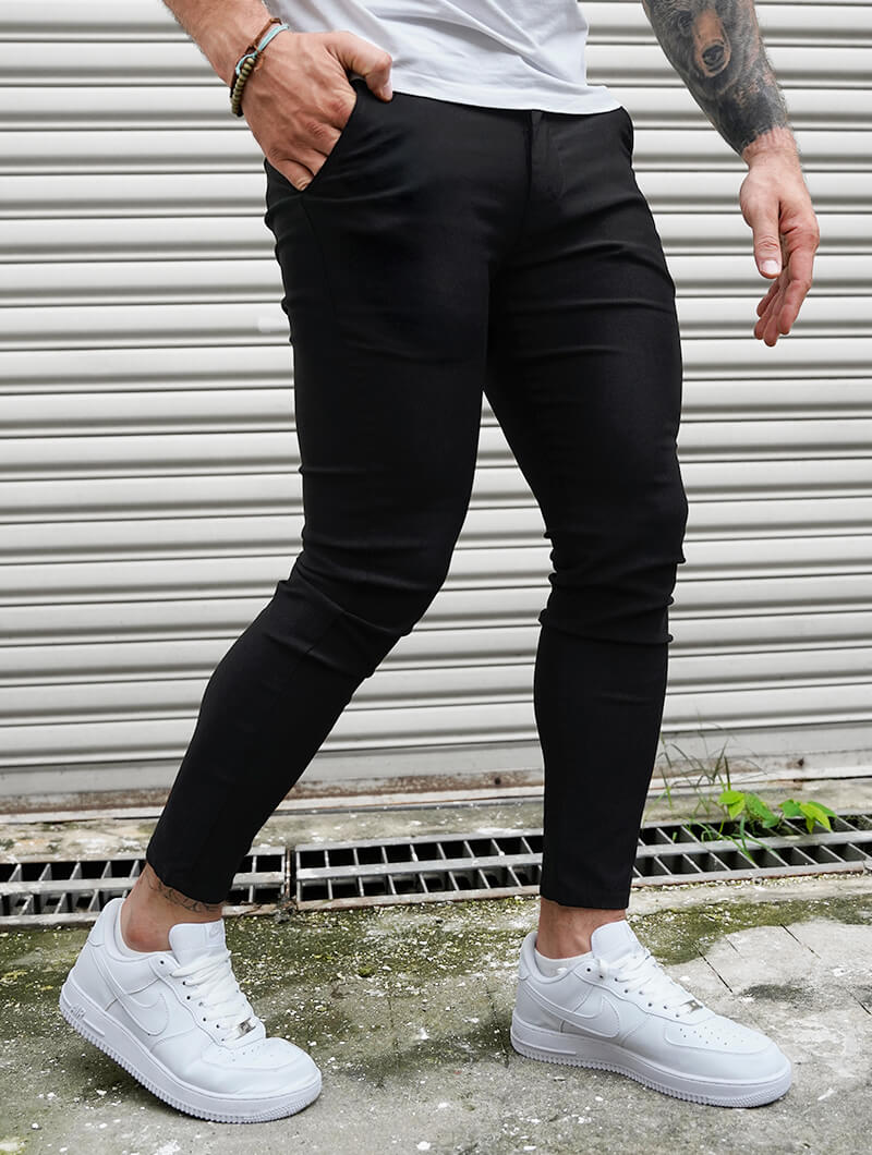 Men's Slim-Fit Stretch Trousers in Black – fit view | Hensley London