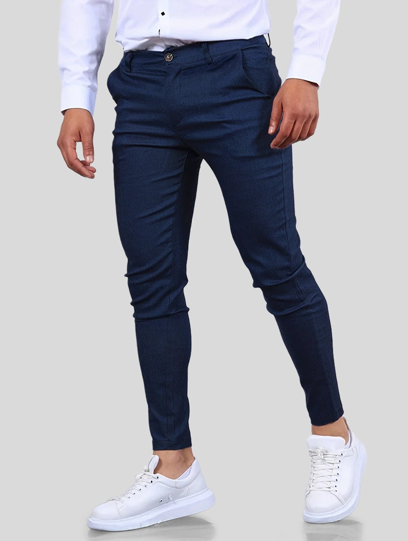 Men's 4-Way Stretch Slim Fit Pants in Blue – front view | Hensley London