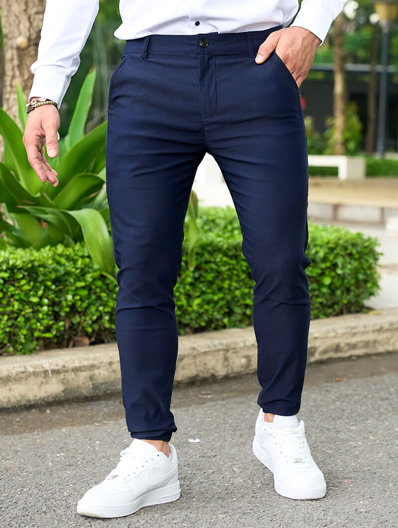 Men's 4-Way Stretch Slim Fit Pants in Blue – side view | Hensley London