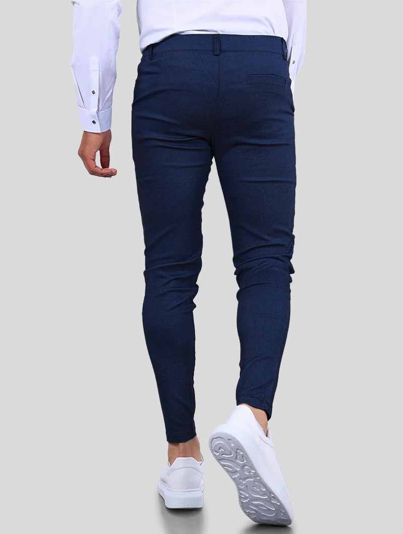 Men's 4-Way Stretch Slim Fit Pants in Blue – back view | Hensley London