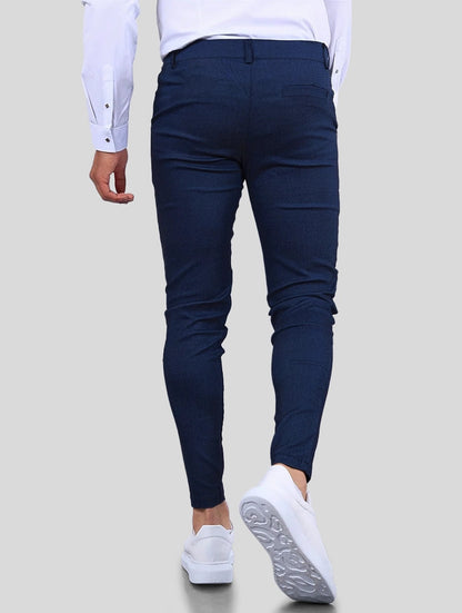 Men's 4-Way Stretch Slim Fit Pants in Blue – back view | Hensley London