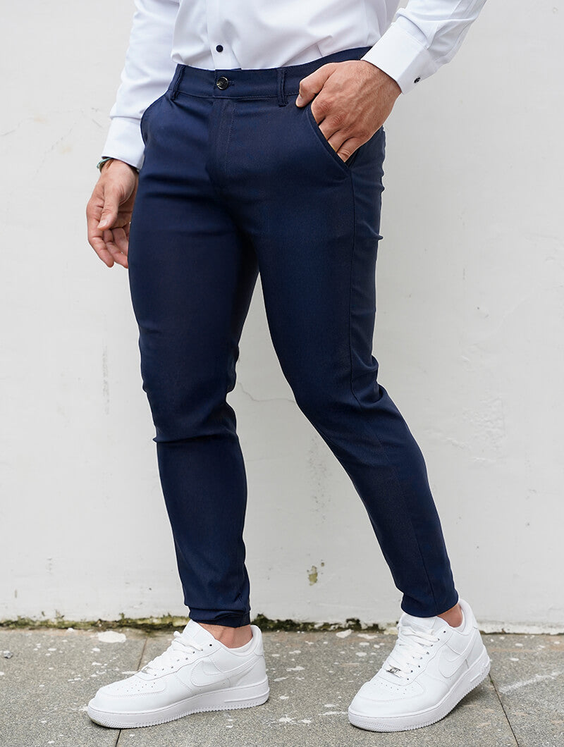 Men's 4-Way Stretch Slim Fit Pants in Blue – detail view | Hensley London