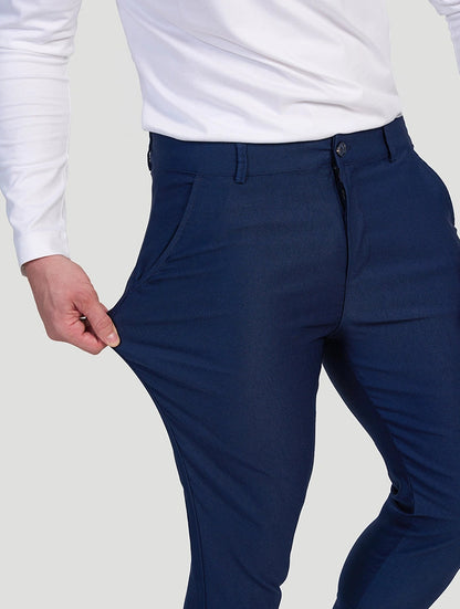 Men's 4-Way Stretch Slim Fit Pants in Blue – styled view | Hensley London