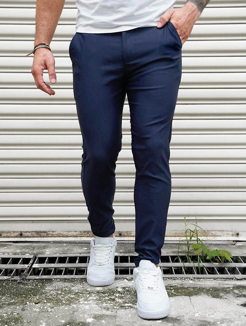 Men's 4-Way Stretch Slim Fit Pants in Blue – fabric detail | Hensley London