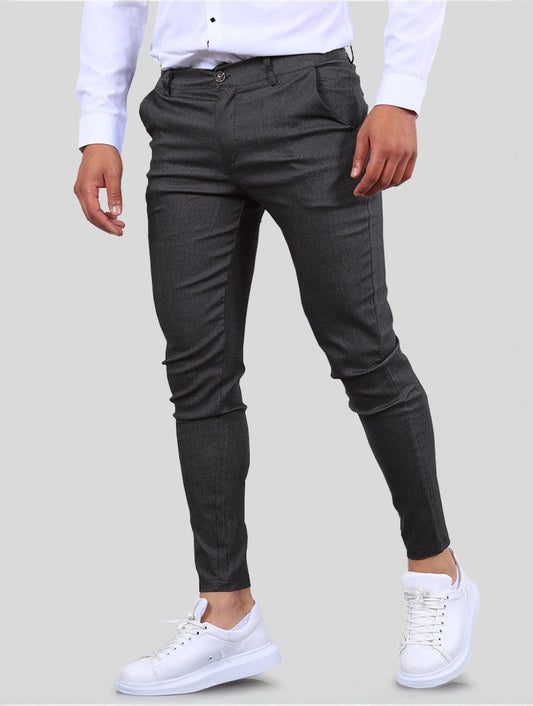 Men's Stretch Slim-Fit Pants in Grey – front view | Hensley London