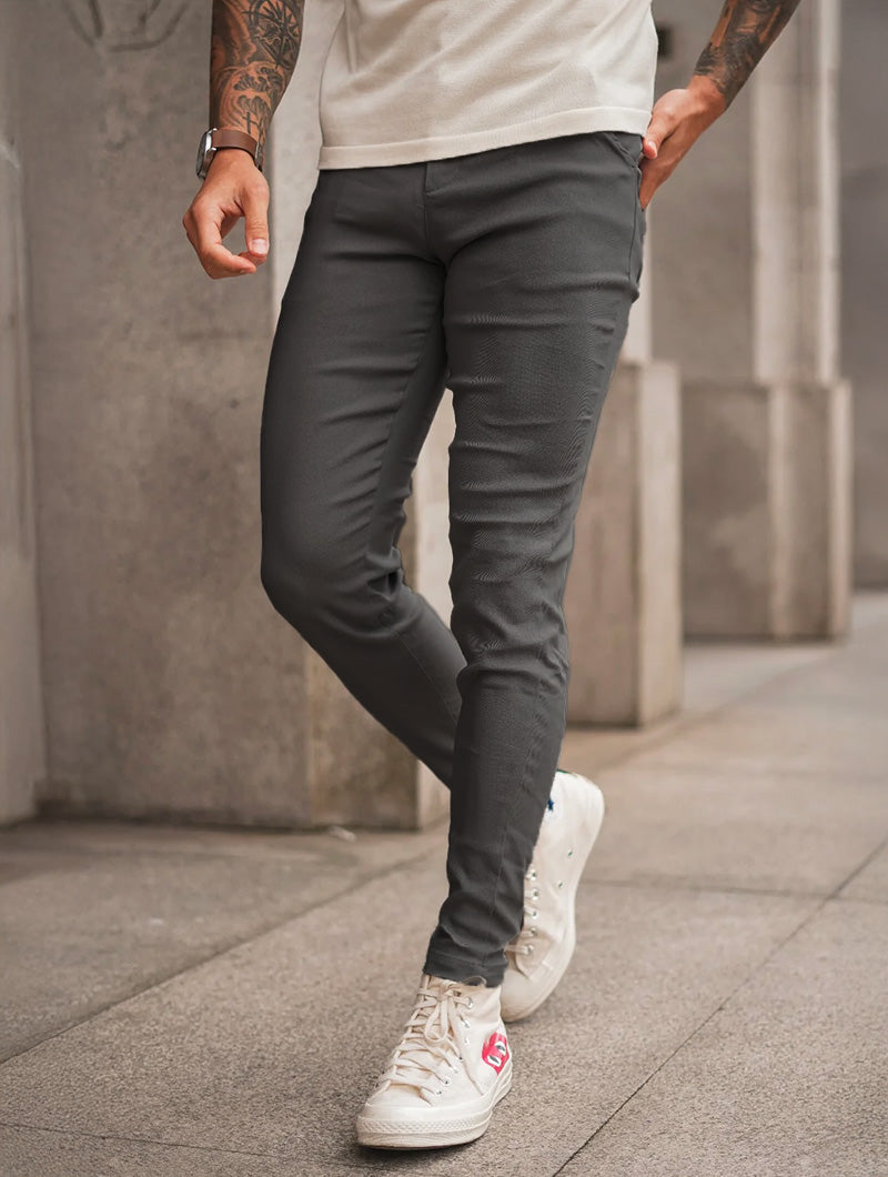 Men's Stretch Slim-Fit Pants in Grey – side view | Hensley London