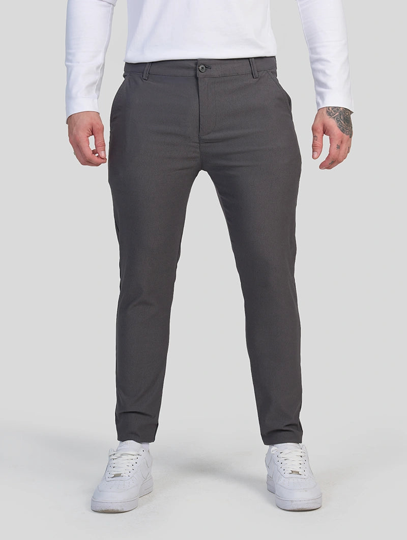 Men's Stretch Slim-Fit Pants in Grey – back view | Hensley London