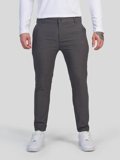Men's Stretch Slim-Fit Pants in Grey – back view | Hensley London