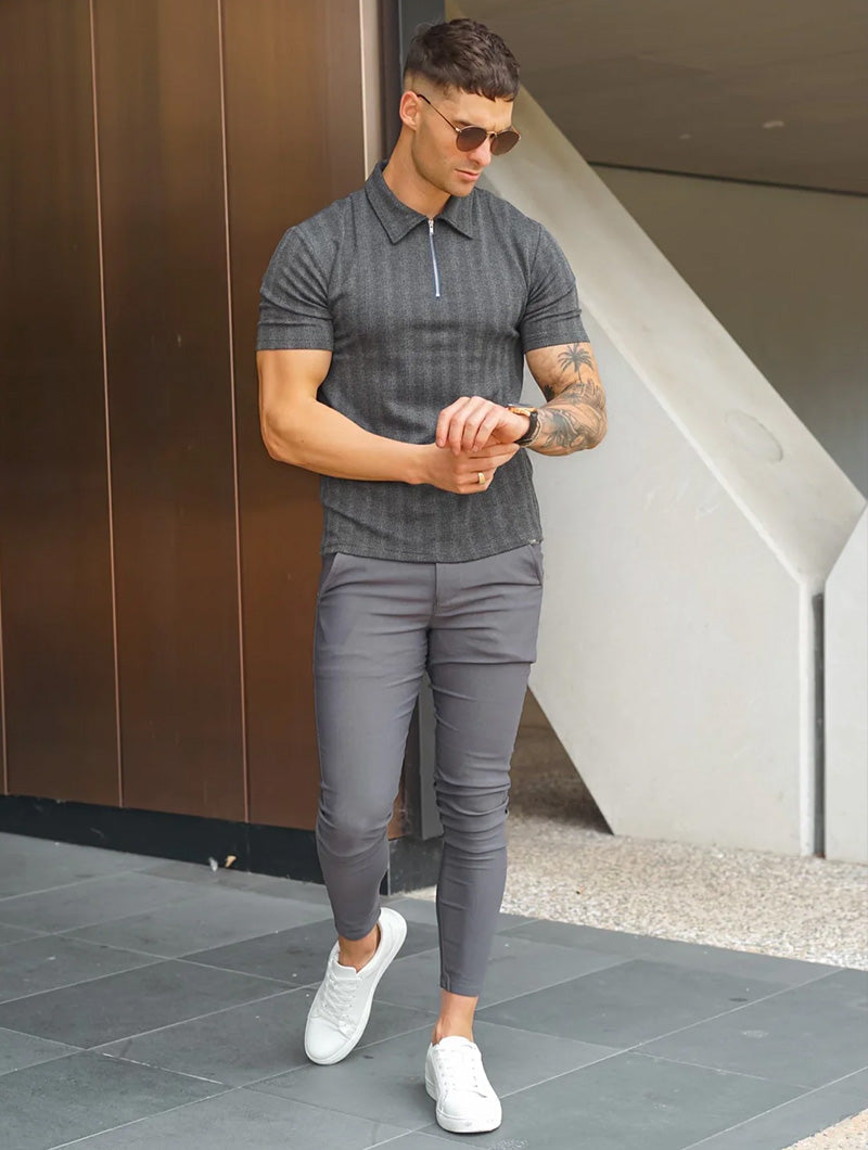 Men's Stretch Slim-Fit Pants in Grey – styled view | Hensley London