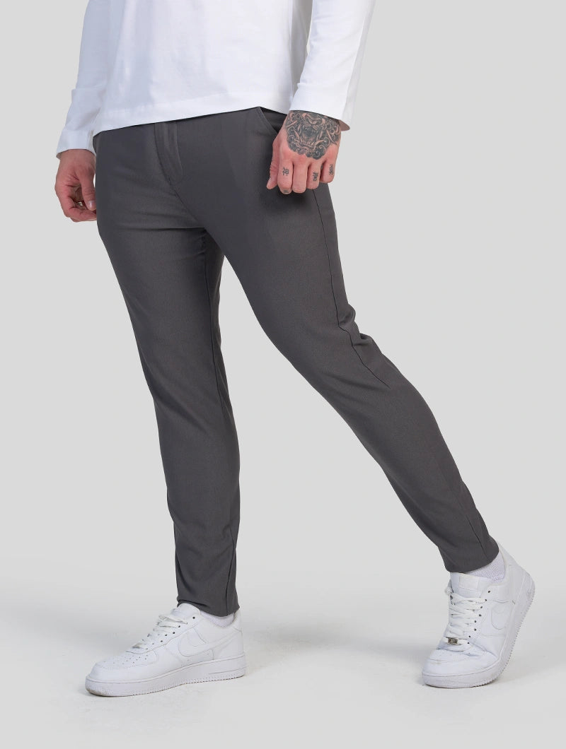 Men's Stretch Slim-Fit Pants in Grey – angled view | Hensley London