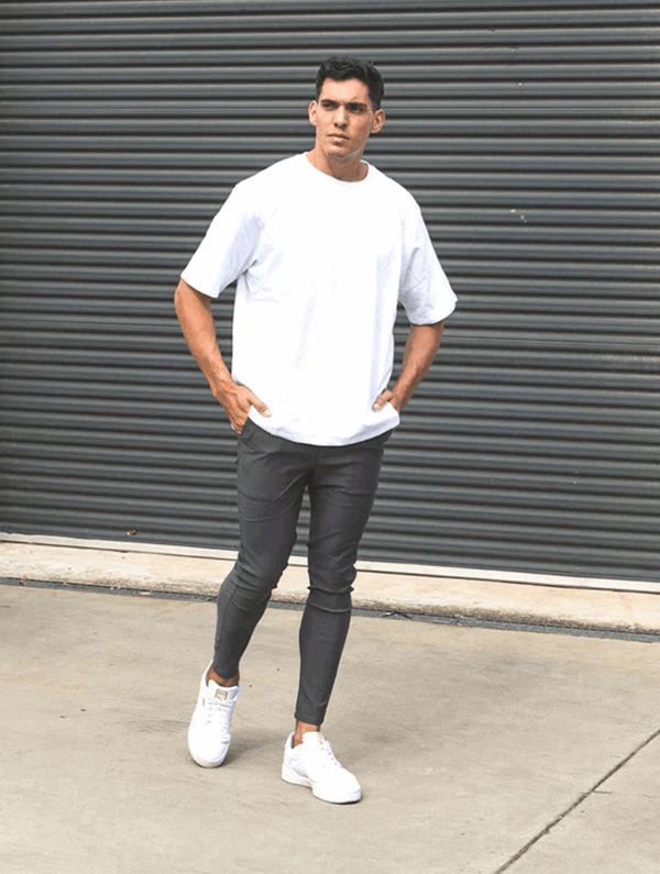 Men's Stretch Slim-Fit Pants in Grey – side view | Hensley London
