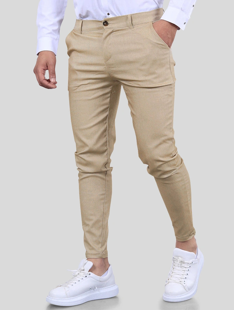 Men's Stretch Slim-Fit Pants in Khaki – front view | Hensley London