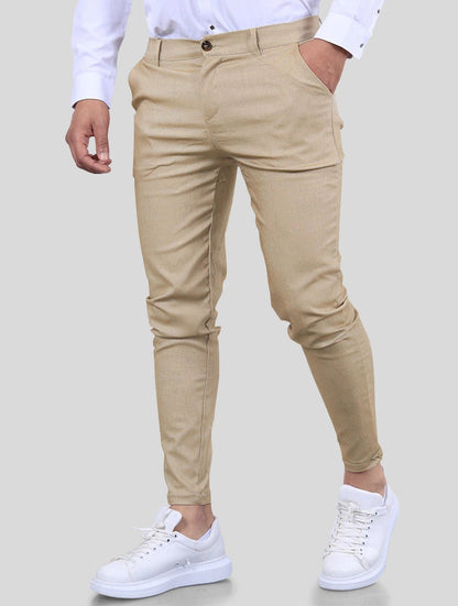 Men's Stretch Slim-Fit Pants in Khaki – front view | Hensley London
